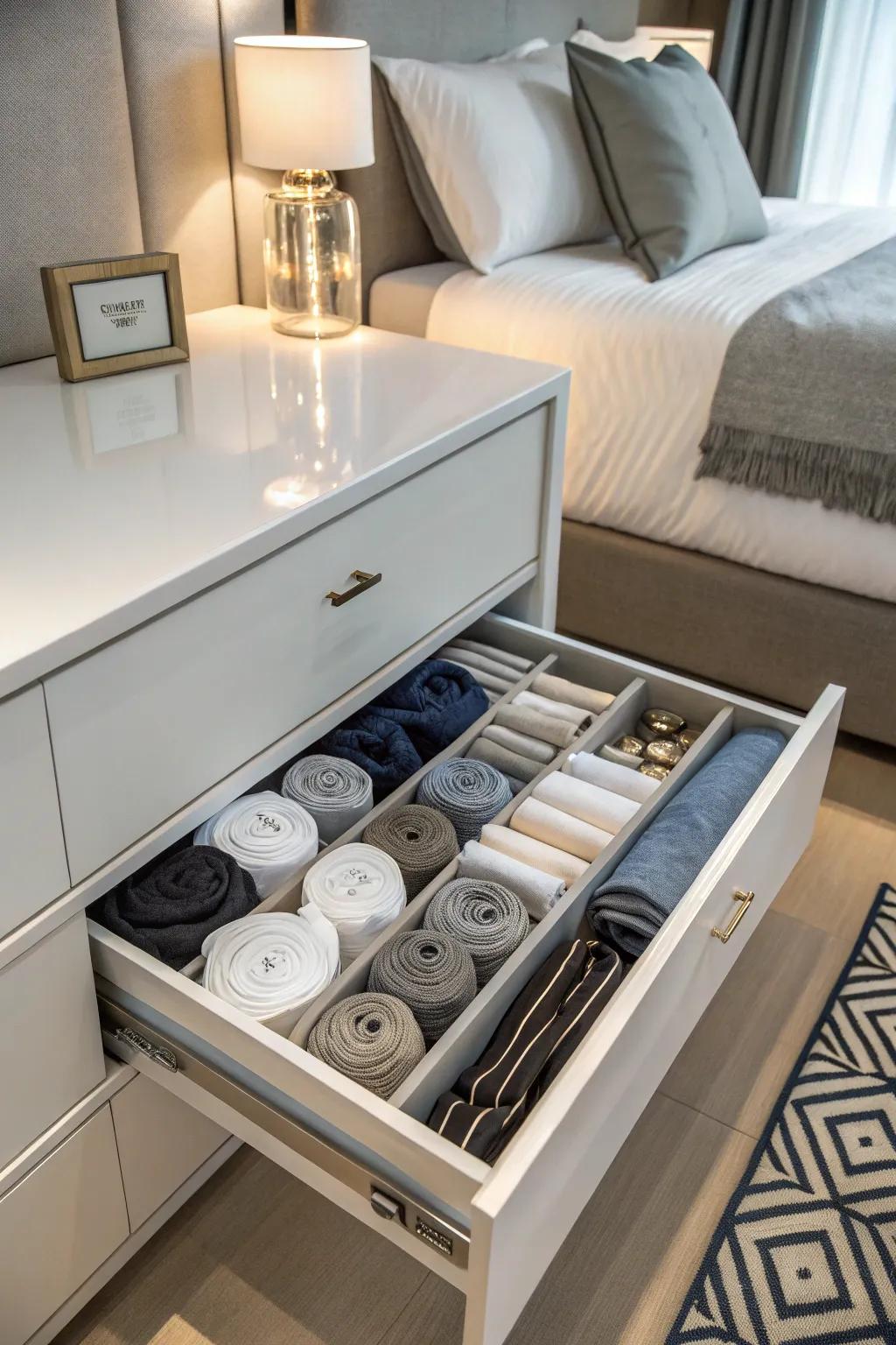 Clothes rolled for space-saving and visible storage.