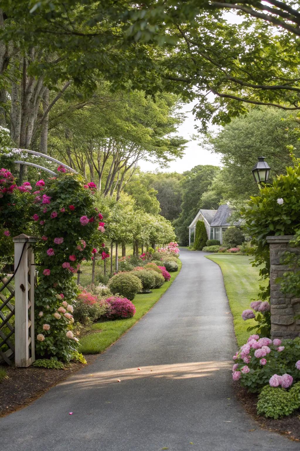 Lush verdure lines a driveway, crafting a revitalizing and appealing entrance.