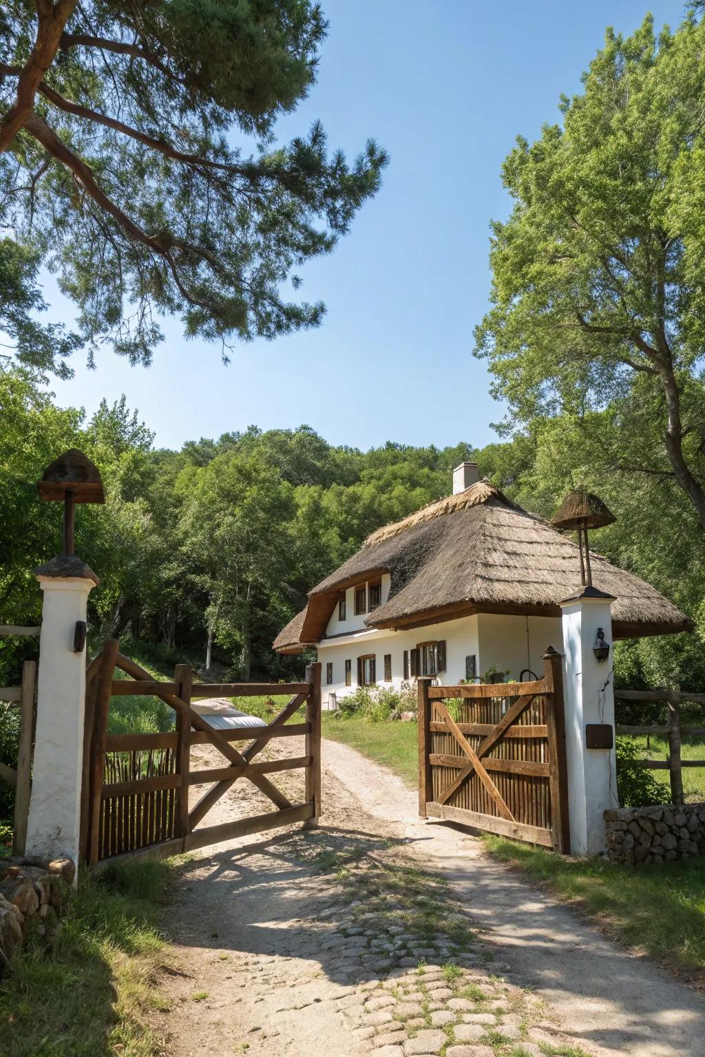 A natural wooden gate that harmonizes flawlessly with its surrounding nature.