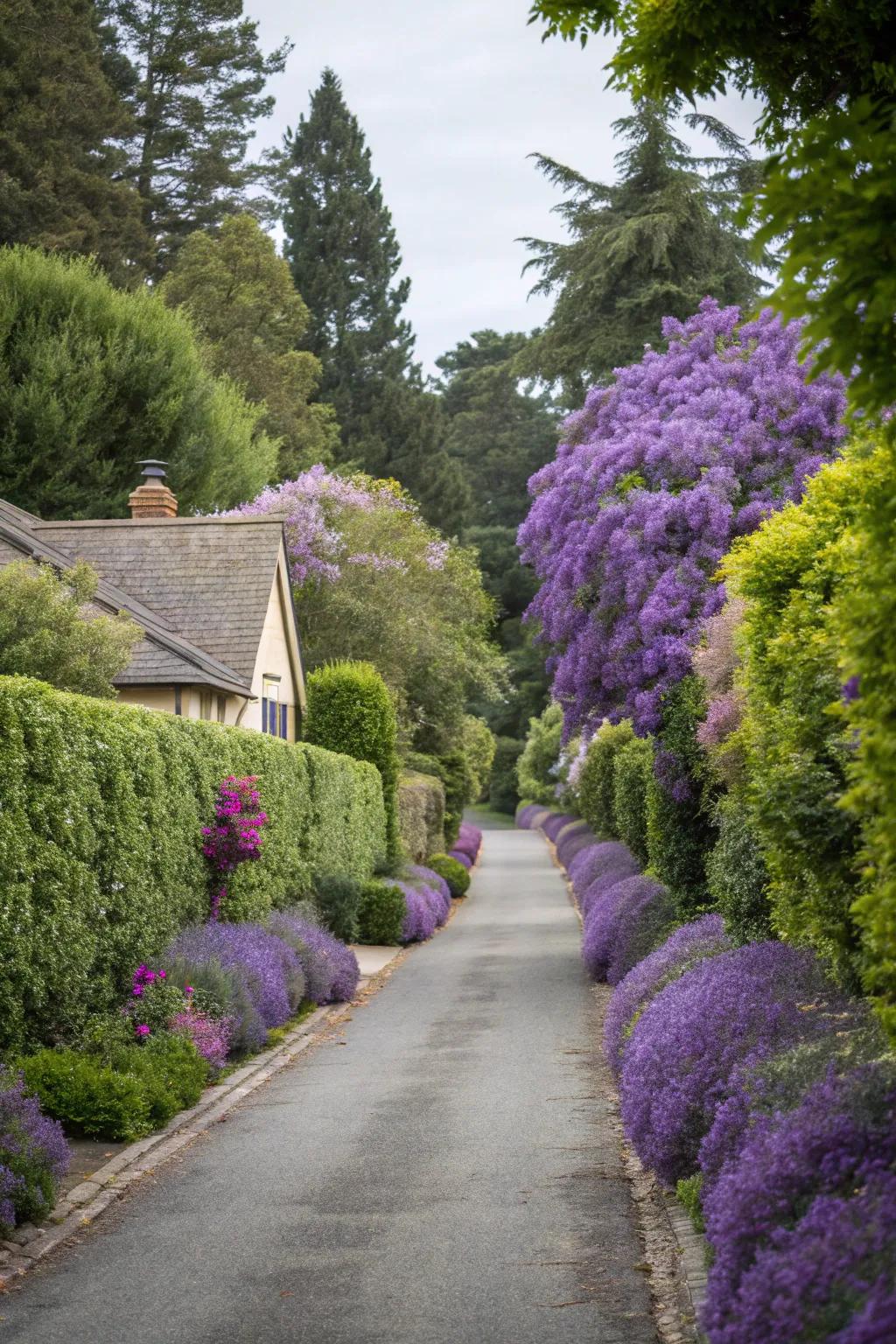 Driveway lavender hedges, combining visual appeal with delightful fragrance.