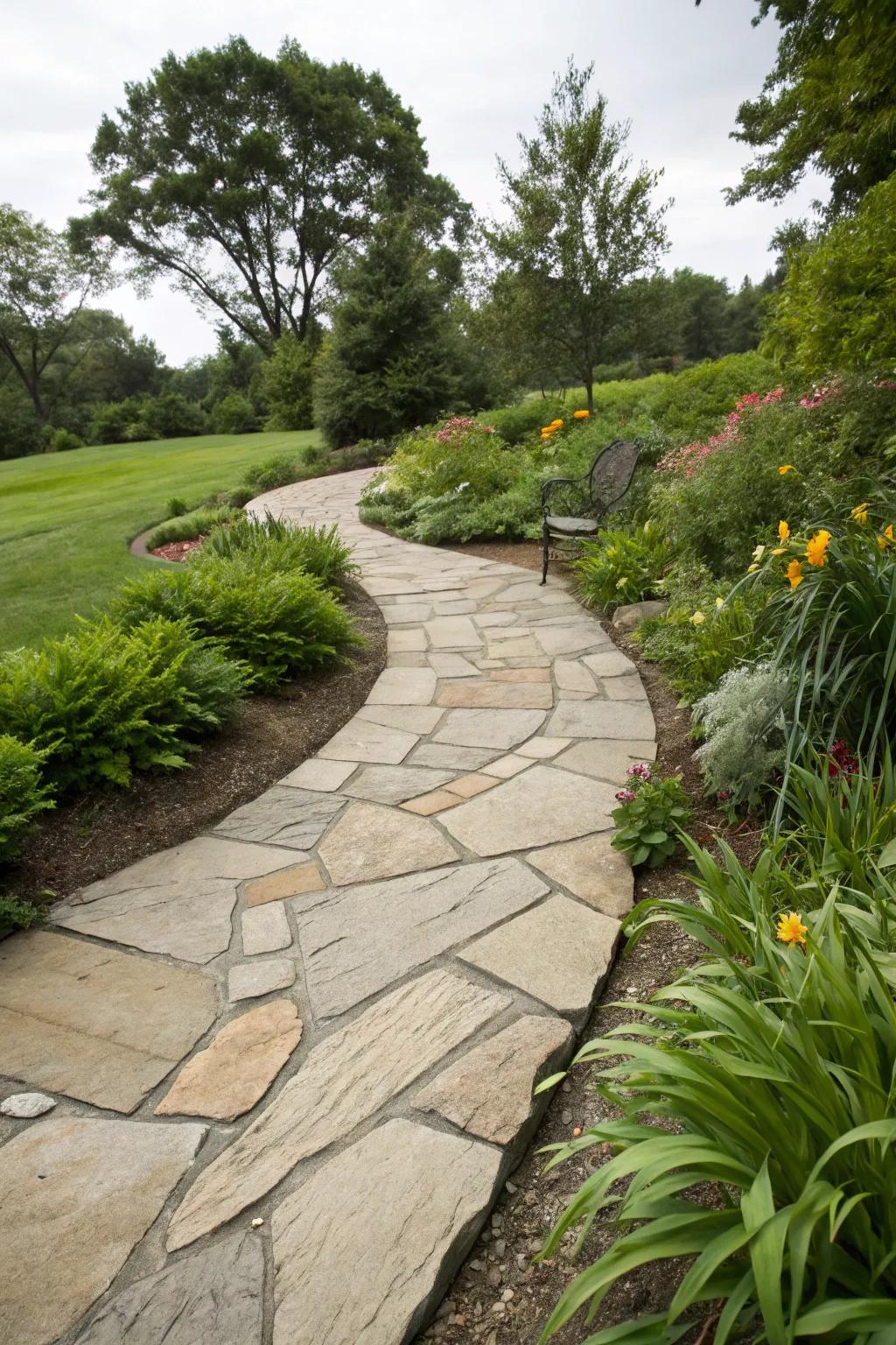A winding stone slab path exuding delightful natural beauty.