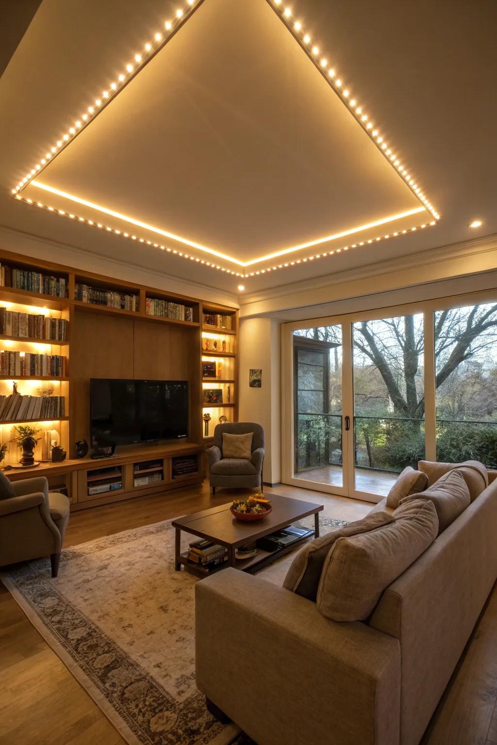 Illuminated ribbons contribute a snug radiance around this family room ceiling.