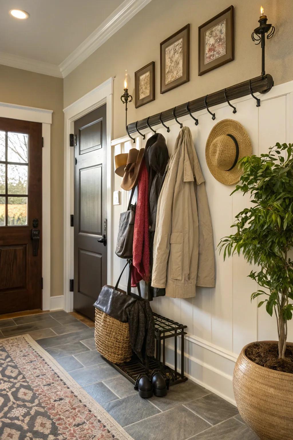 Hooks at different heights give lots of room for hanging things.