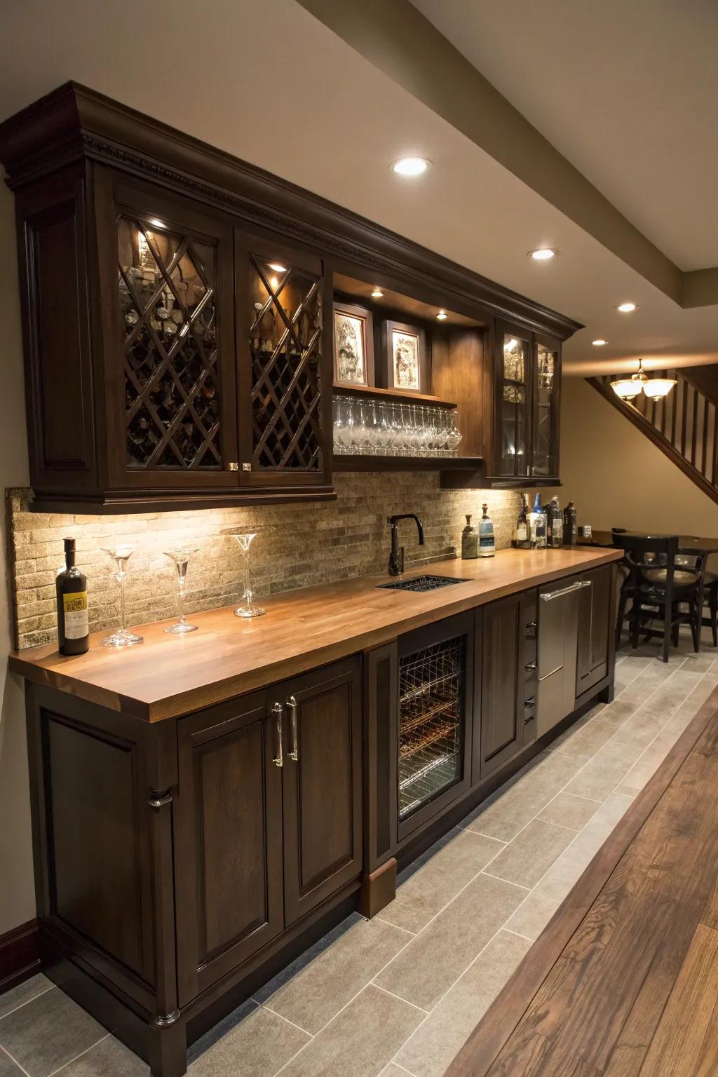 A wooden countertop imparts warmth and refinement.