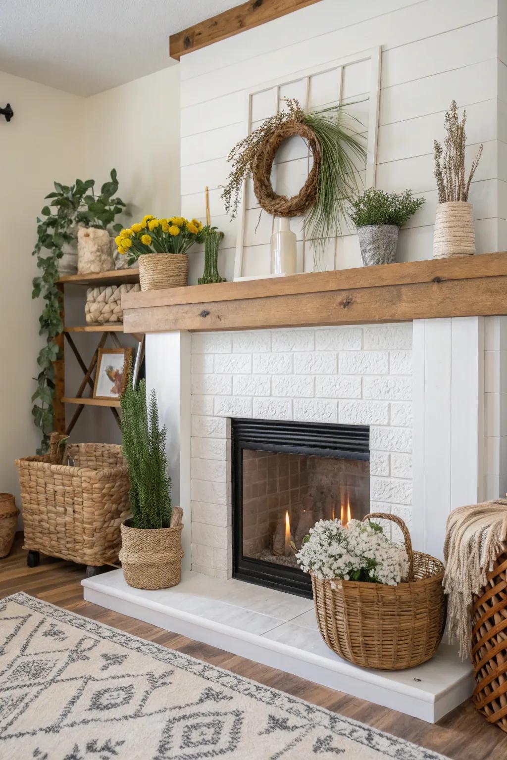 A sheetrock fireplace embracing nature's touch.