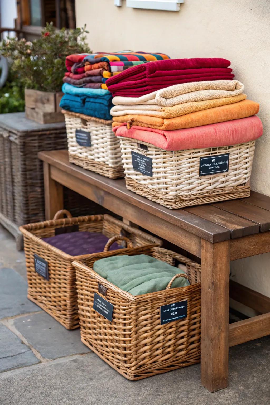 Baskets and boxes provide a homespun yet sensible storage choice.