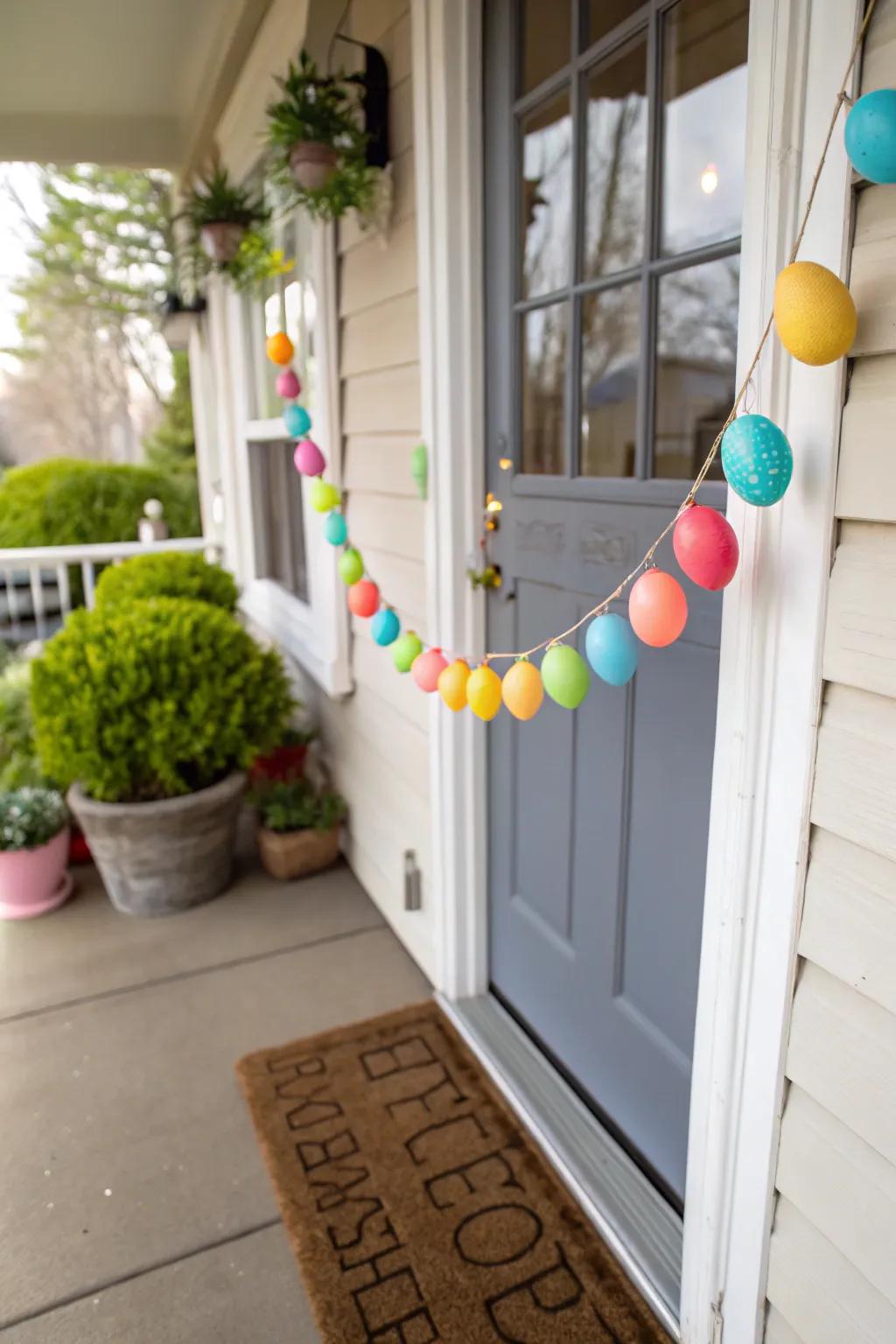 A lively Easter egg garland brings a festive air to the entrance.