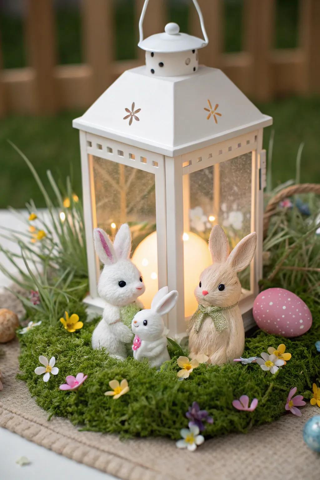 An appealing bunny landscape nestled inside a lantern.