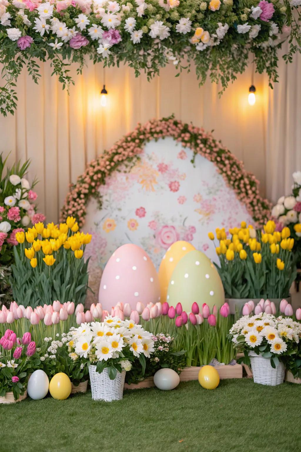 A lively floral display showcasing tulips and daisies infuses a touch of springtime into Easter-themed photographs.