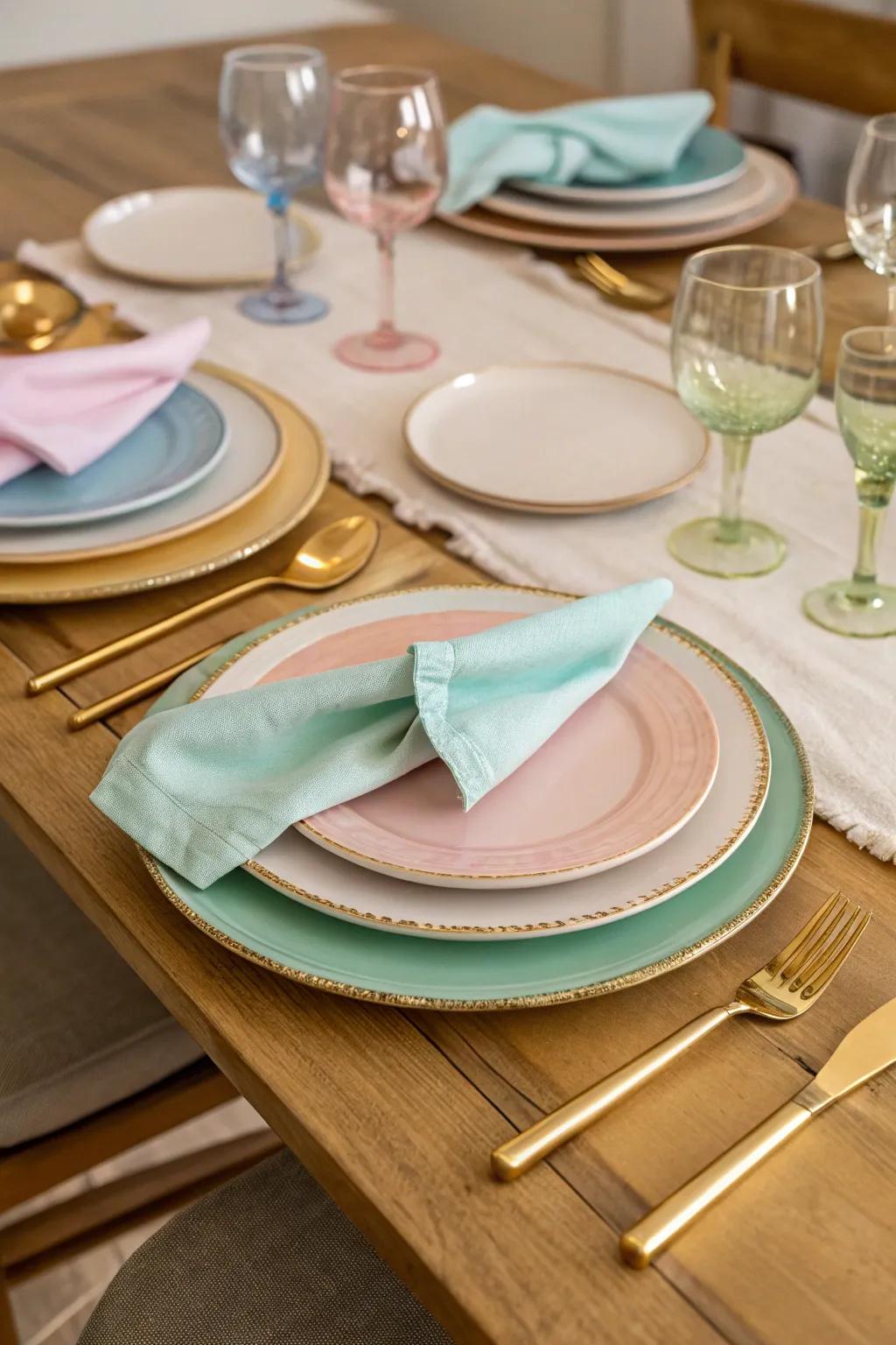 Light shade tableware contributes an elegant sensation to the Easter event.