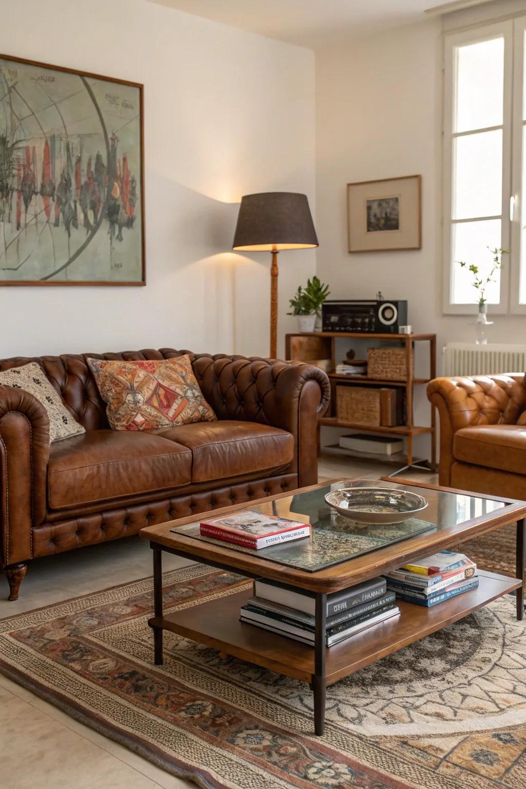 A common area displaying a pleasing combination of old and new furniture.