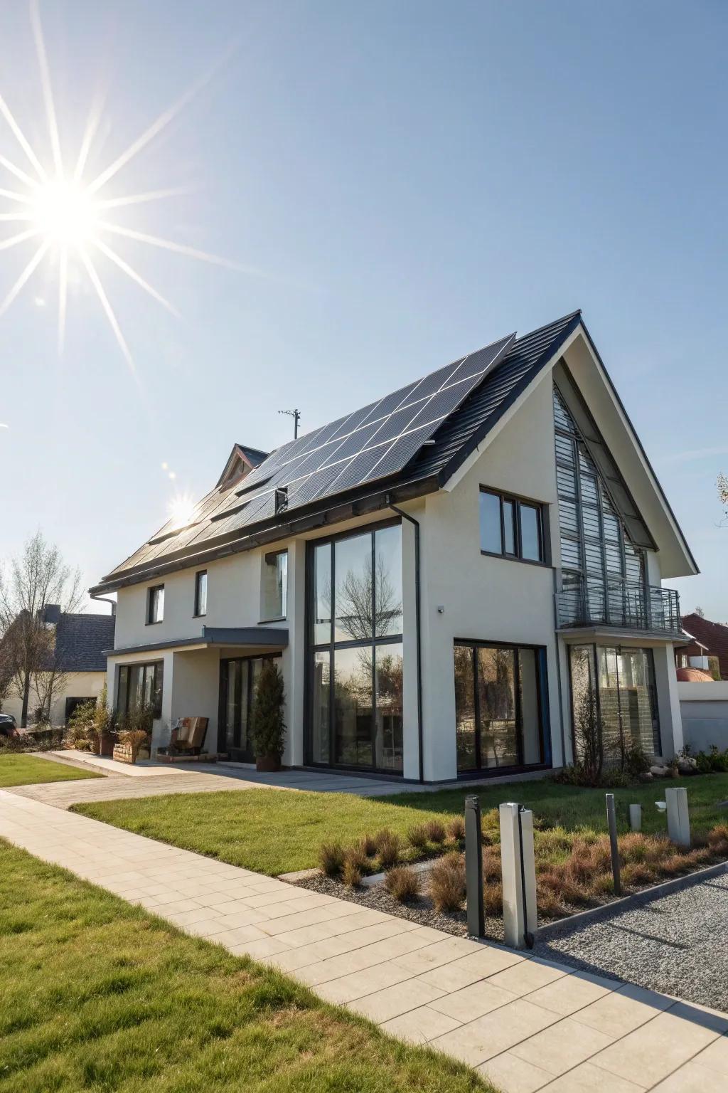 A contemporary home adorned with solar collectors, soaking in the sun's radiant energy.
