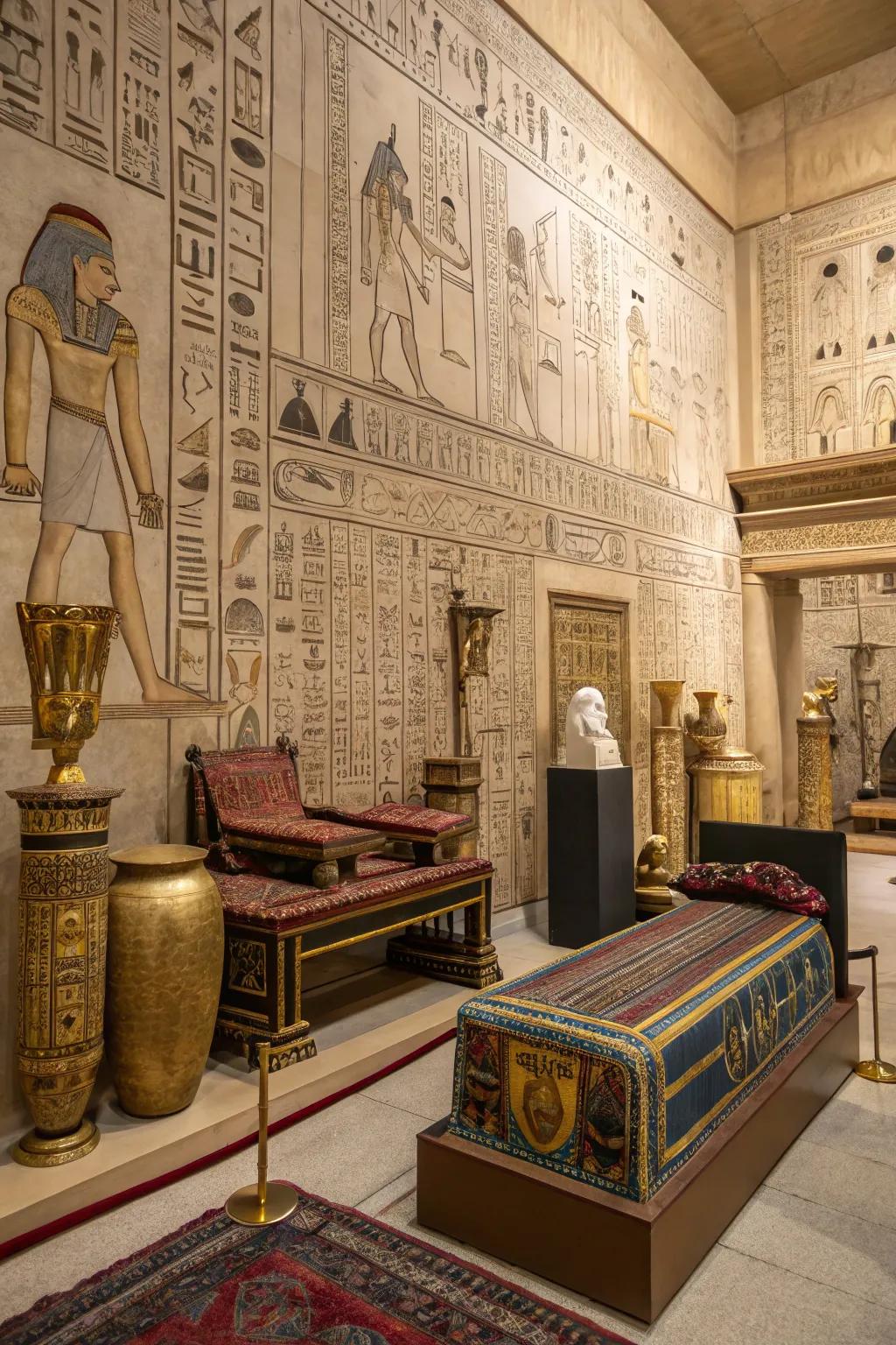 Hieroglyphic artistic expressions transform bare walls into narrative displays.