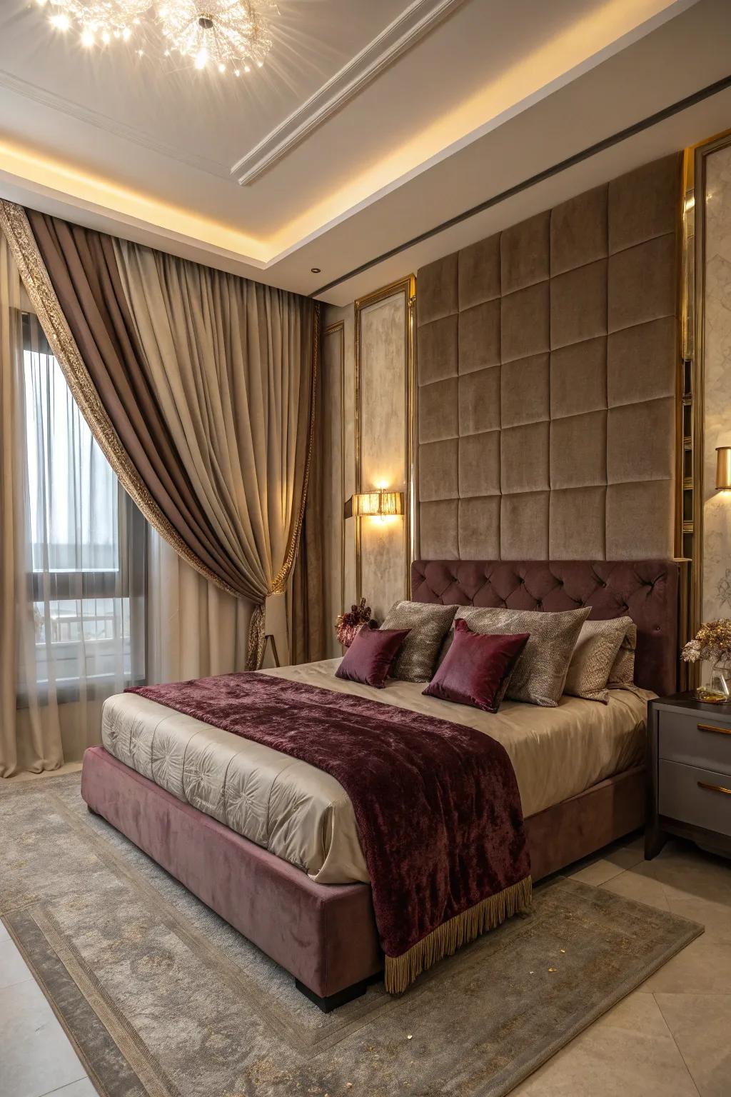 A stylish bedroom featuring sumptuous velvet cushions and silk drapes.