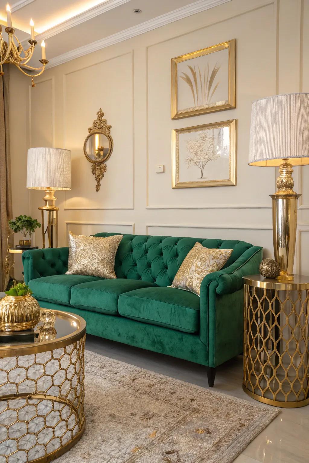 Gold accents impart a luxurious feel to an emerald green sofa.