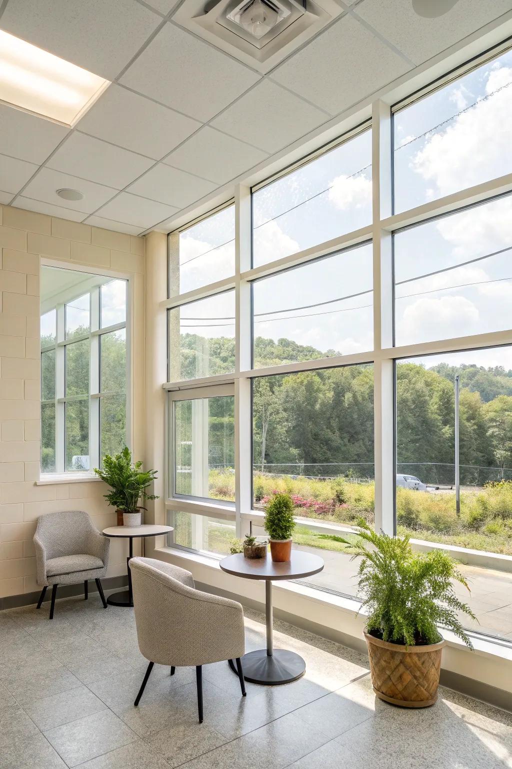 Natural light floods this airy break room, filling it with warmth.