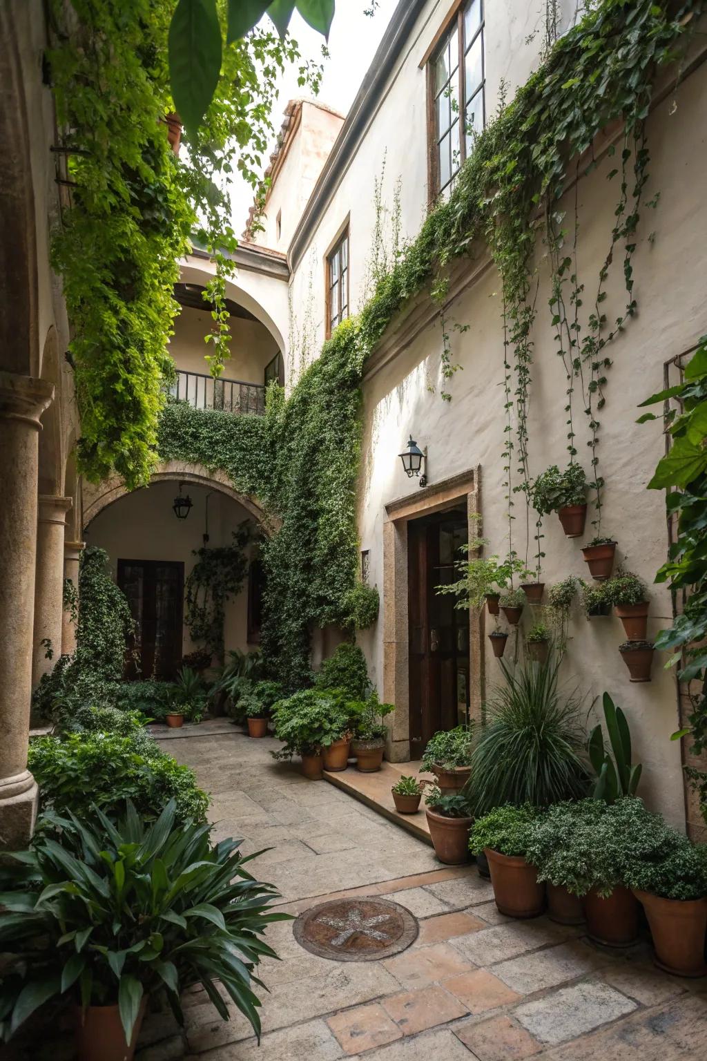 Enhance your courtyard's beauty with lush greenery and climbing plants.