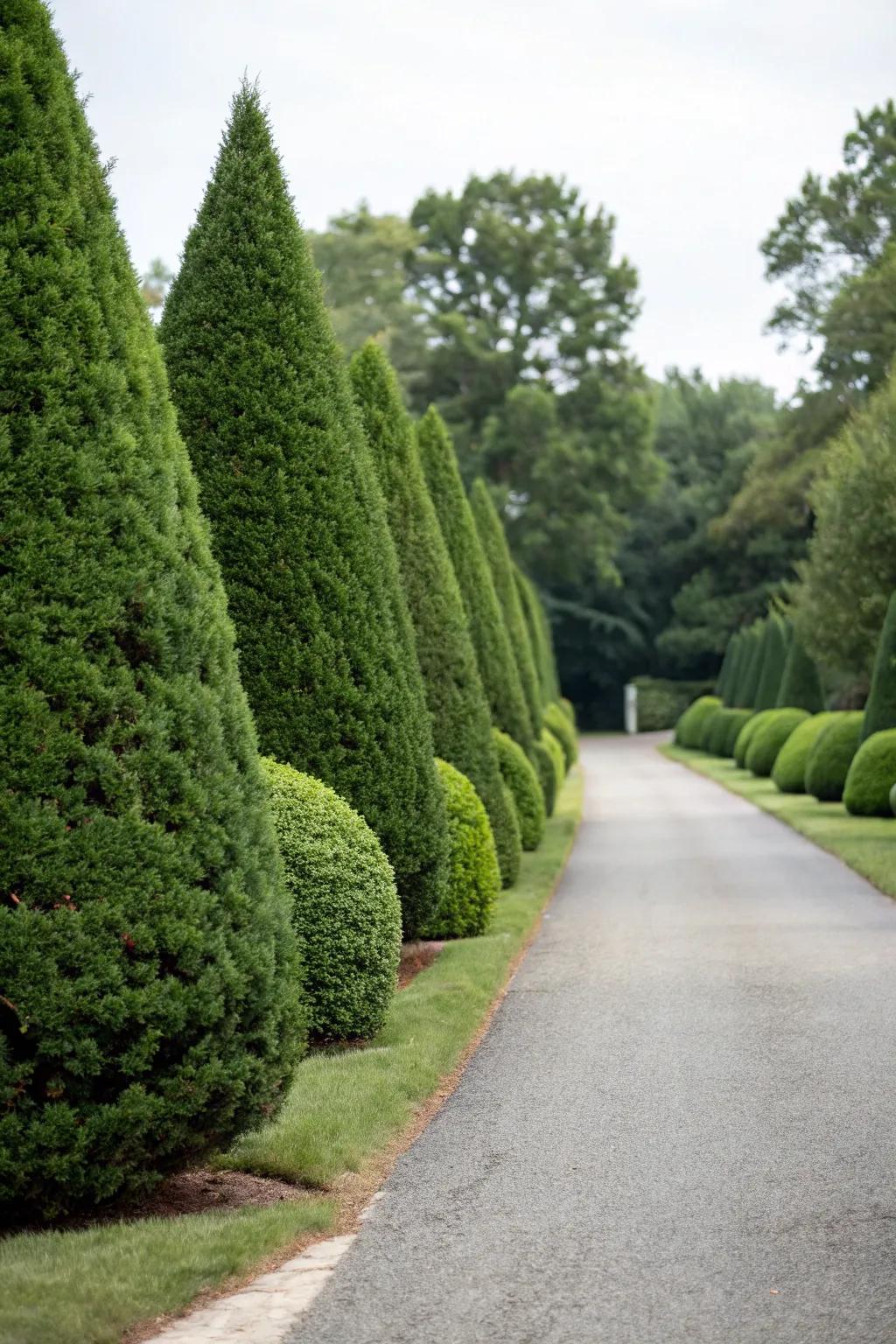Evergreen bushes offer form and ever-present greenery.