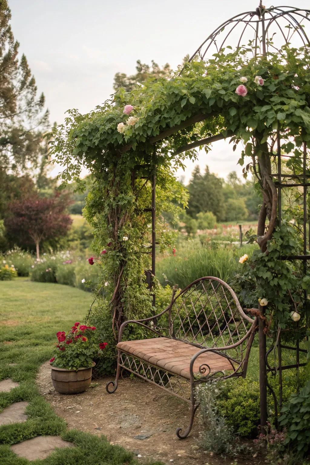 A vintage-inspired relaxation spot beckons in the garden.
