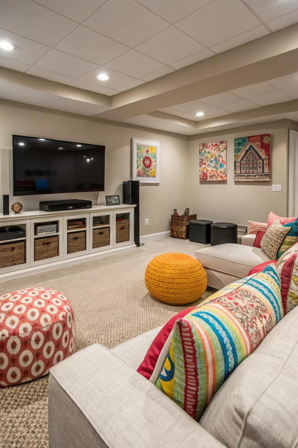 A harmonious mix of soft shades with bright highlights in an entertainment space.