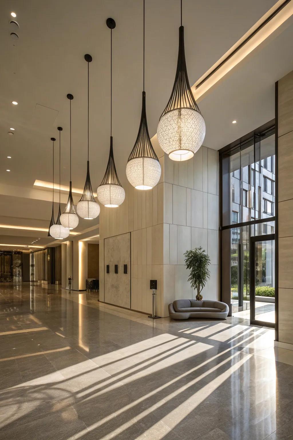 Suspended lights inject a modern vibe into this foyer.