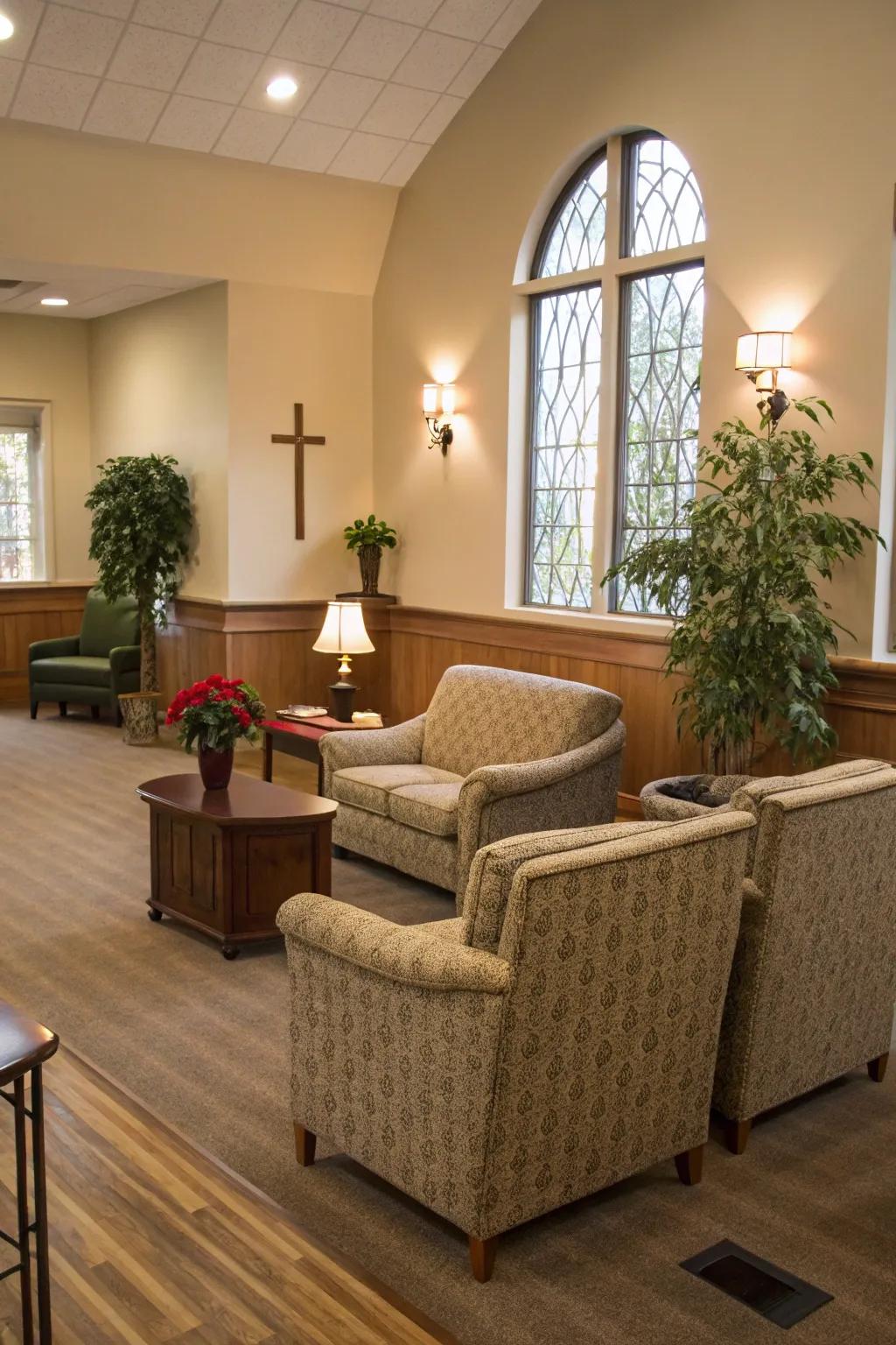 Cozy seating arrangements in a church foyer encourage conversation and relaxation.