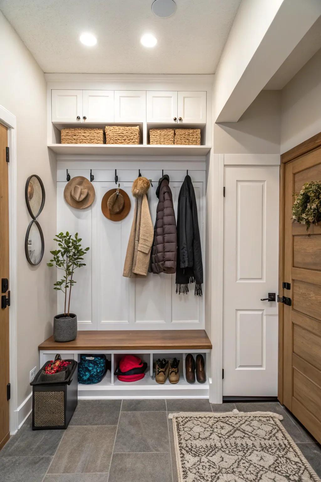 Everyday items are made accessible through the use of hooks and racks.