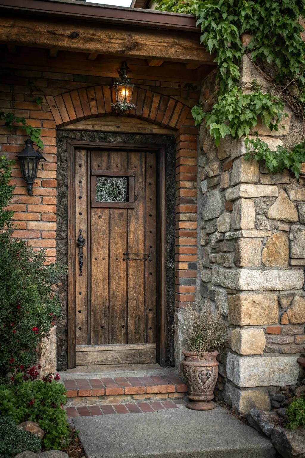 A rustic wooden door complemented by stone accents.