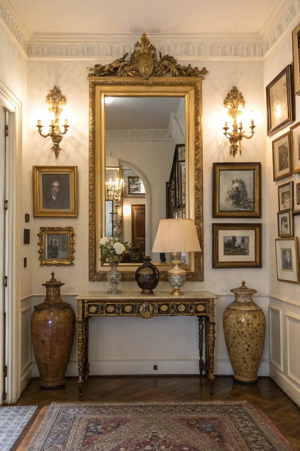 A vintage mirror injects charm and history into a modern entryway.