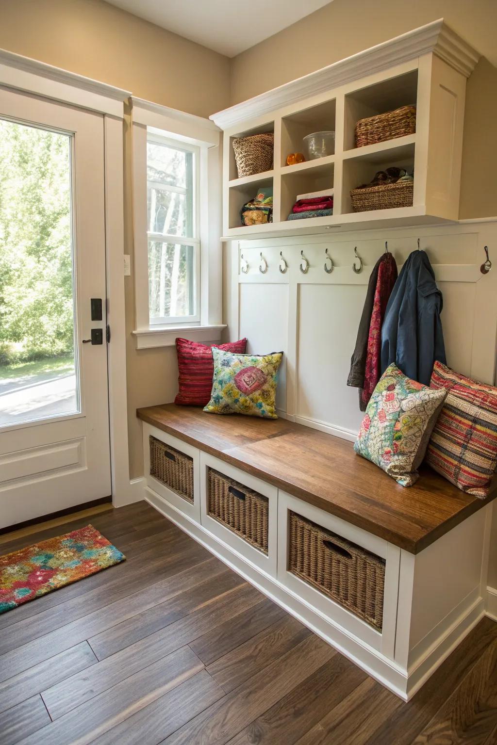A comfortable settle paired with concealed storage enhances both practicality and ease.