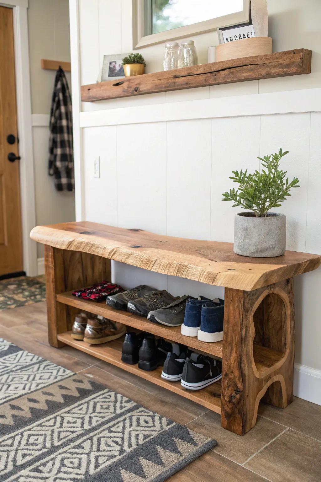 A seating piece provides both a place to sit and concealed storage.