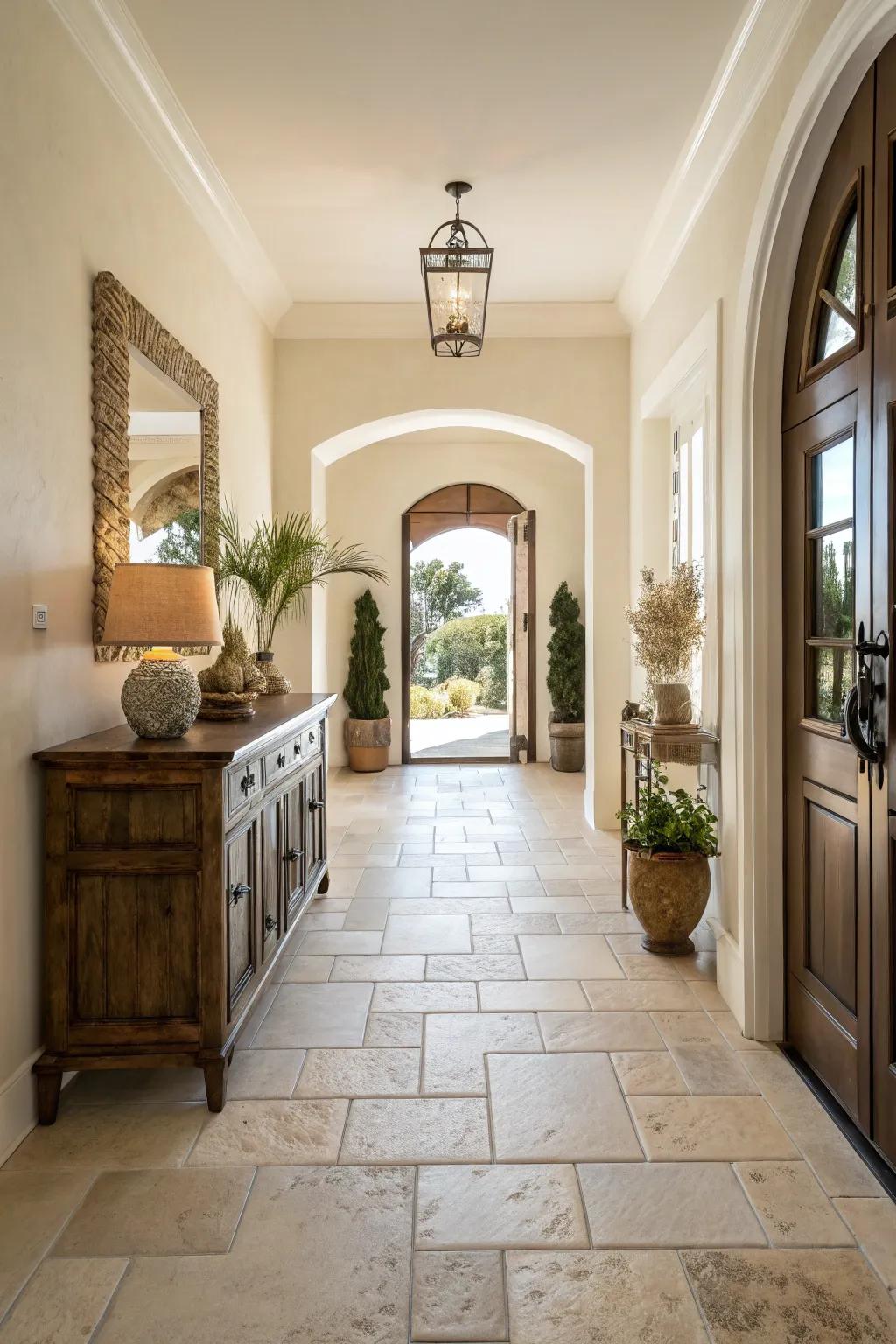 Neutral tones fashion a timeless entryway.