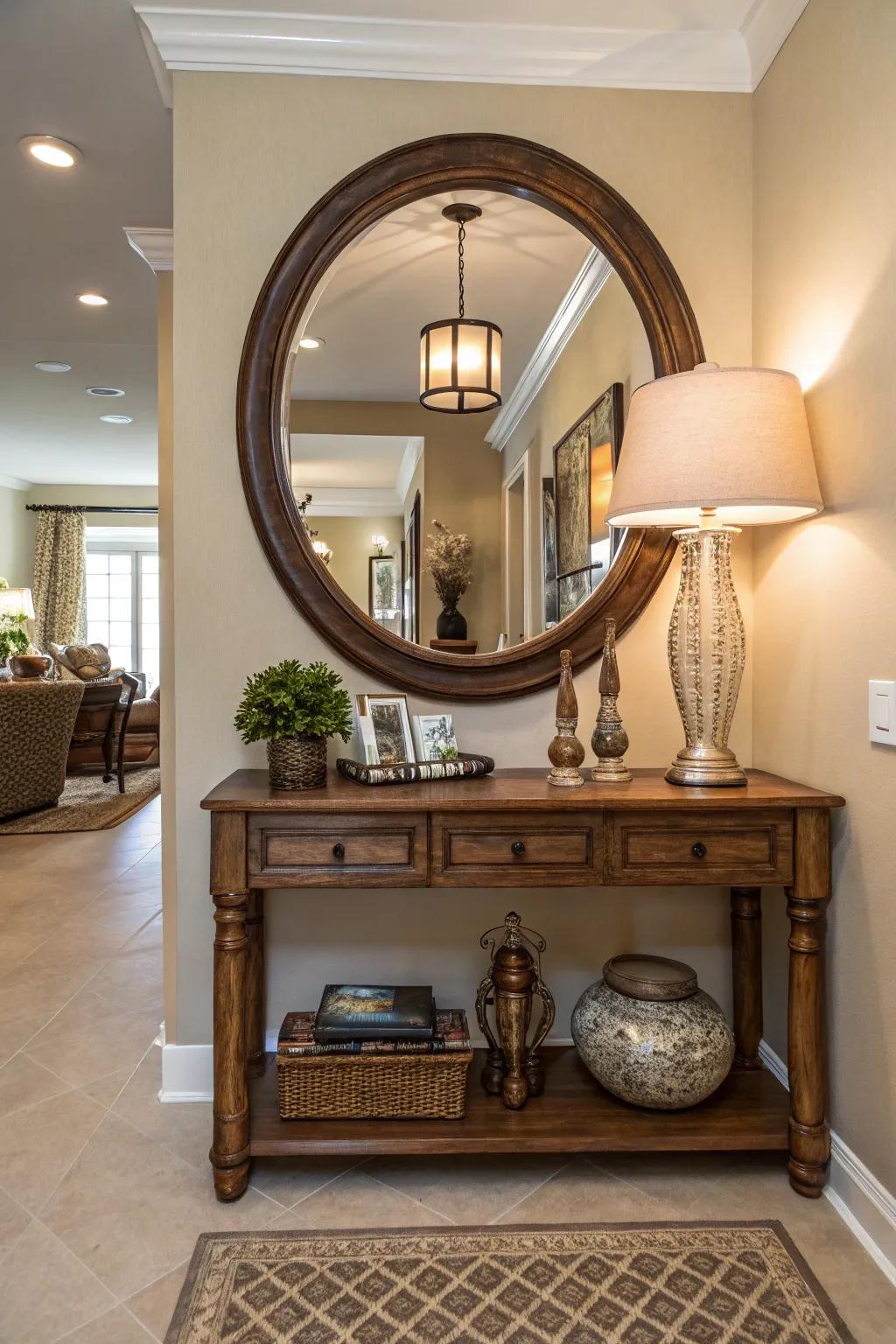 Mirrors magnify light and space, designing a welcoming foyer.