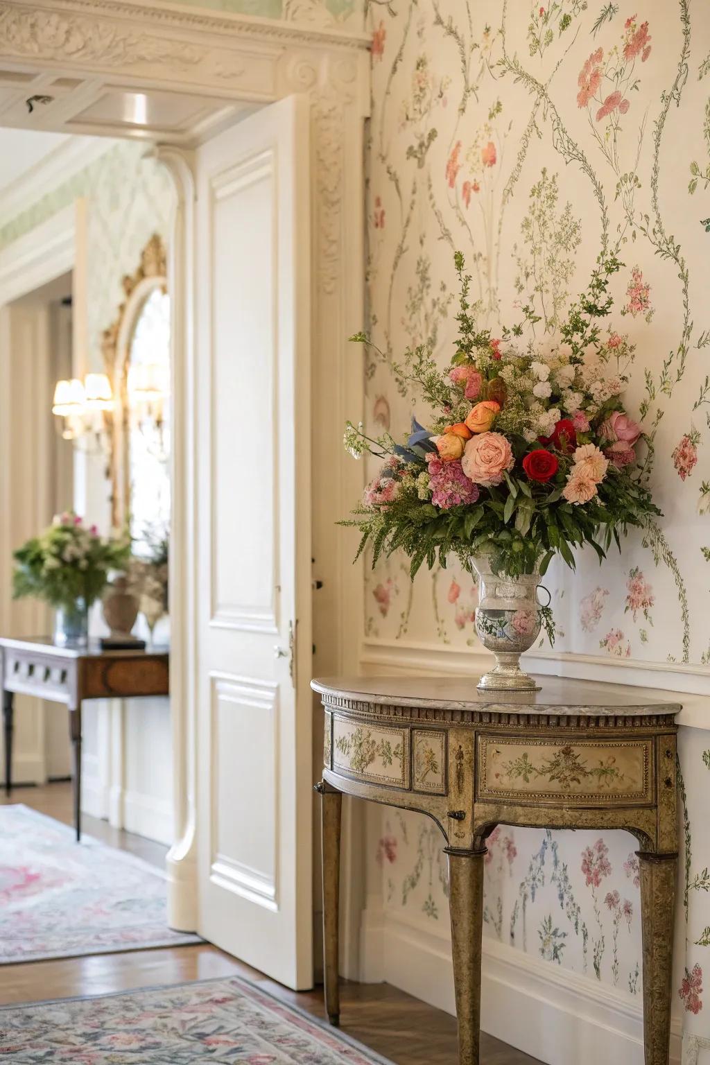 A delightful entryway graced with floral wallpaper, exuding a touch of natural sophistication.