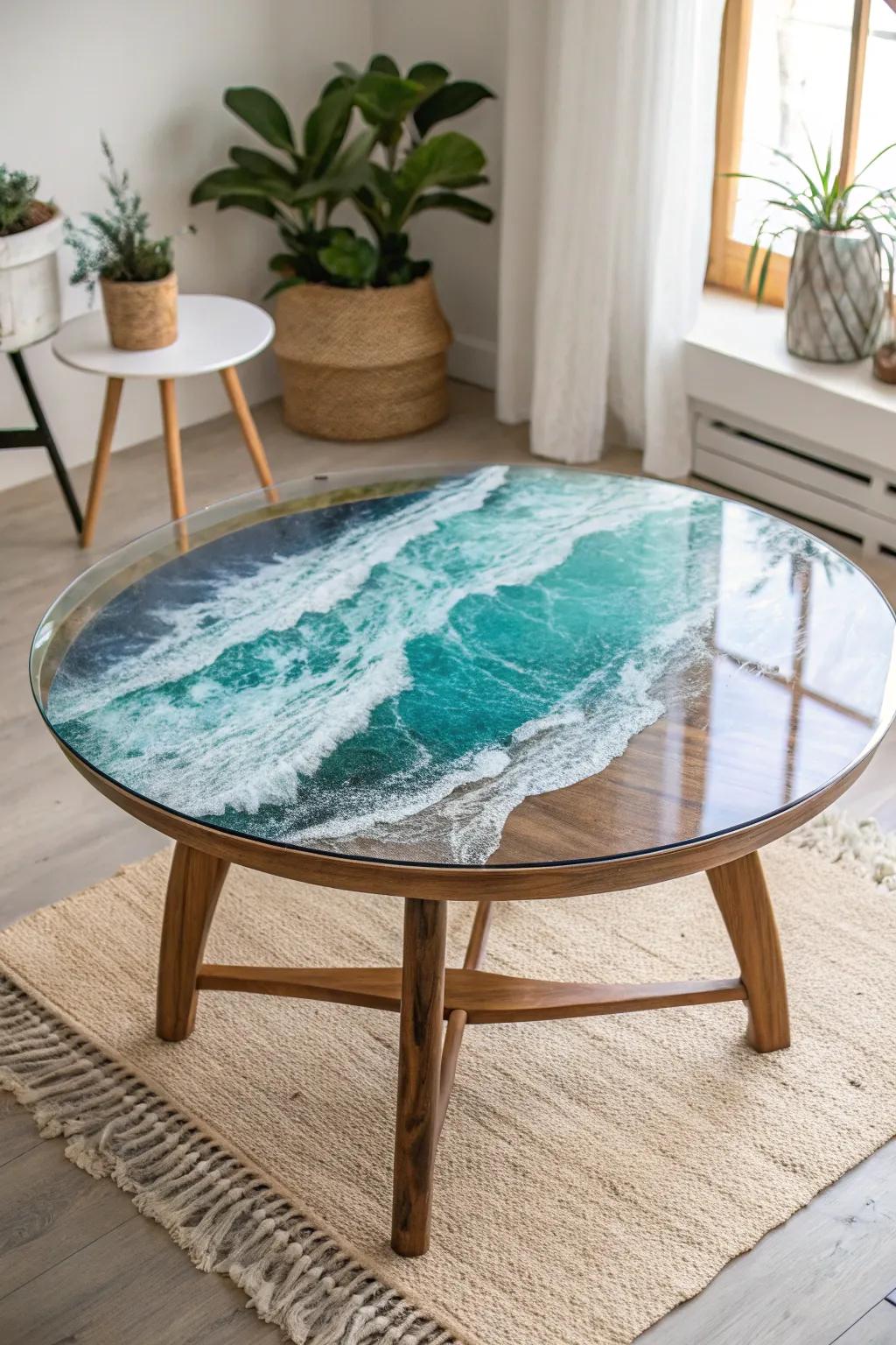 Infuse the calmness of the ocean into your home with this breathtaking epoxy wave coffee table. 🌊✨