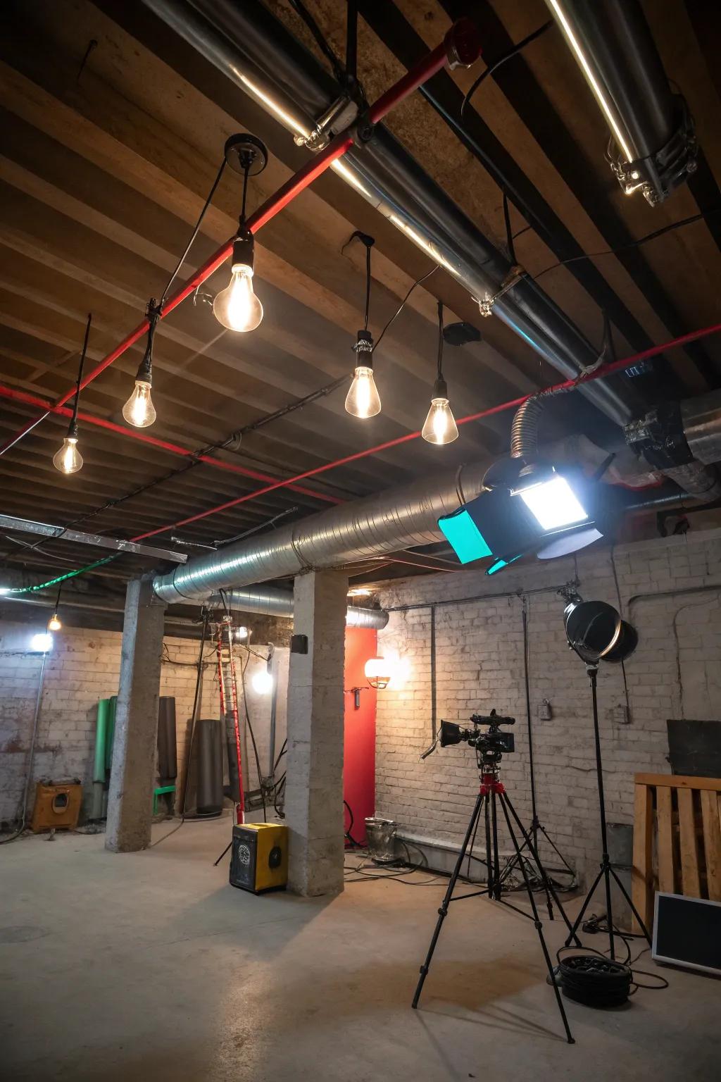 Creative illumination can transform your basement's bare ceiling into an attractive point of focus.