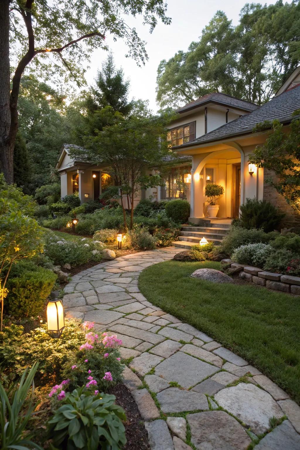 A delightful front garden showcasing a stone pathway and soft illumination.