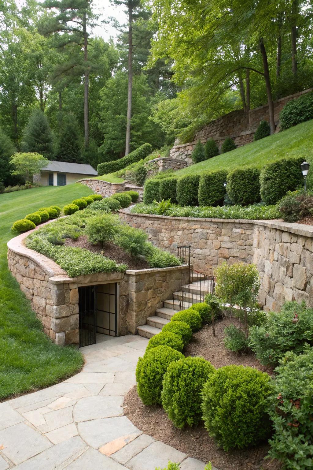 Gorgeous rock garden walls combine with lush vegetation near a basement entrance.