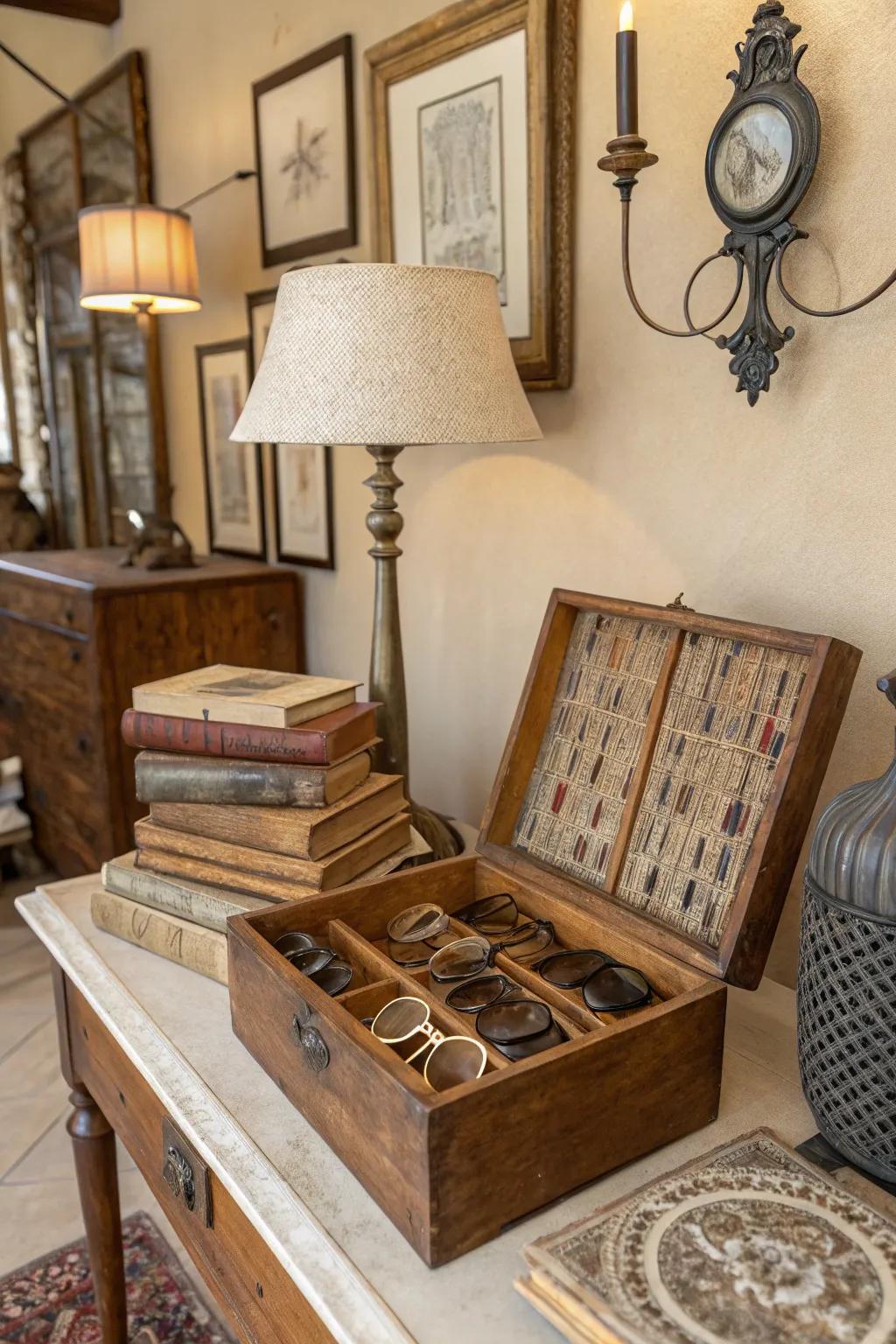 Infuse rustic charm using vintage wooden boxes.