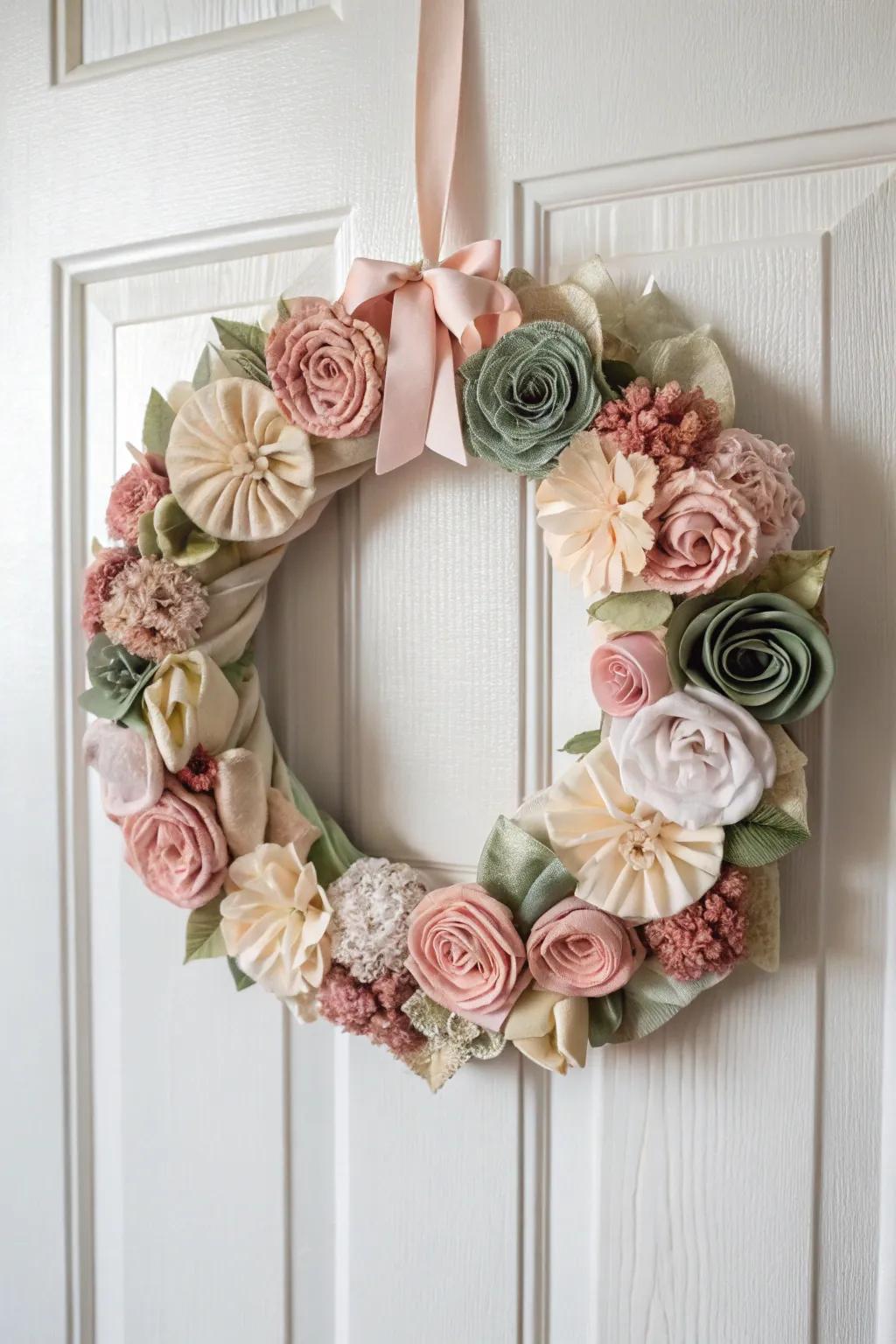 Welcome serenity and style with a handcrafted floral textile garland for your door.