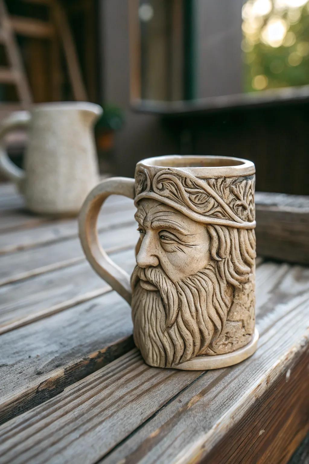 A carved facial mug with intricate details, ideal for aficionados of art.