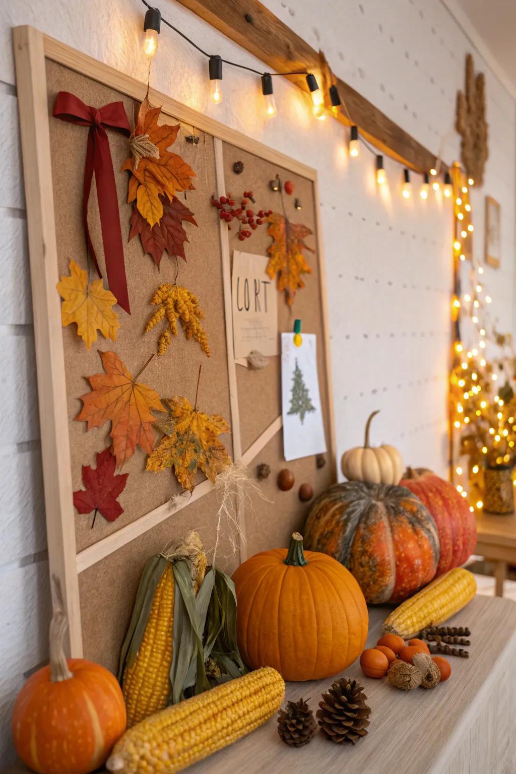 A harvest-inspired bulletin board showcasing pumpkins, corn, and acorns.