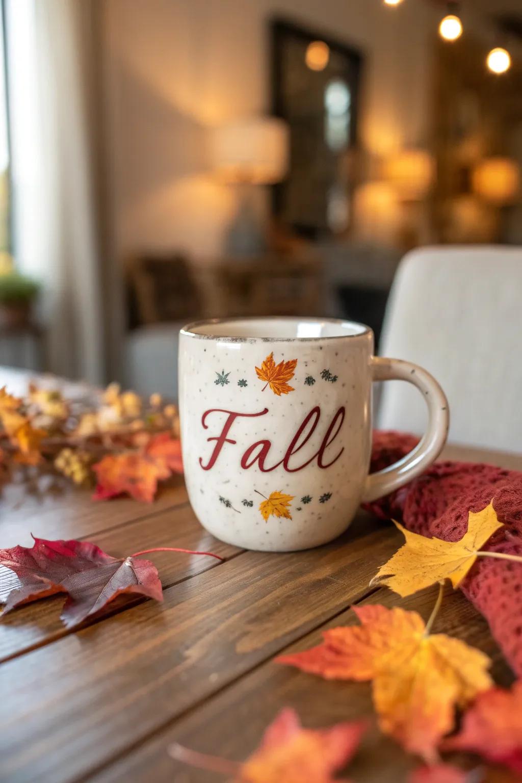 A cup displaying an inspiring autumn quote.