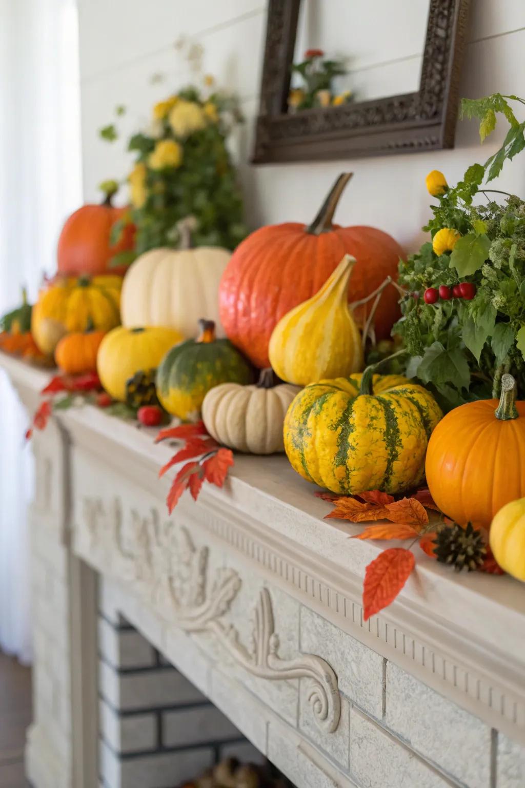 A vivid showcase of squashes and gourds adorning a fall-inspired mantel.