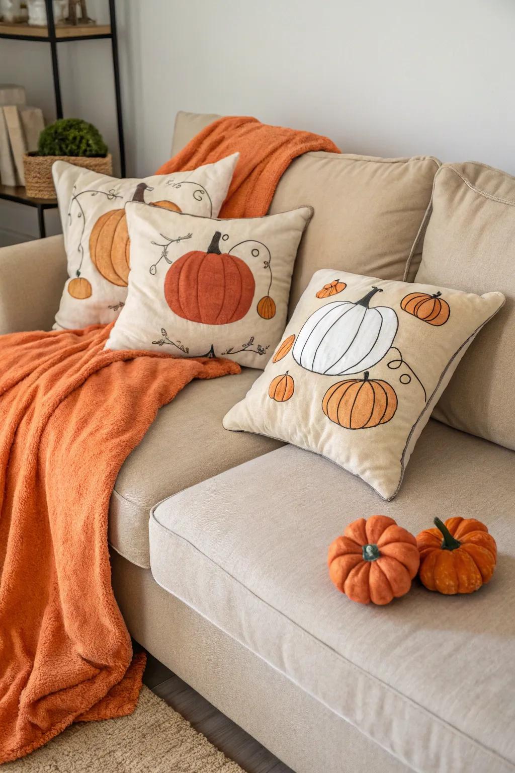Pumpkin-themed pillows—celebrating fall's very essence.