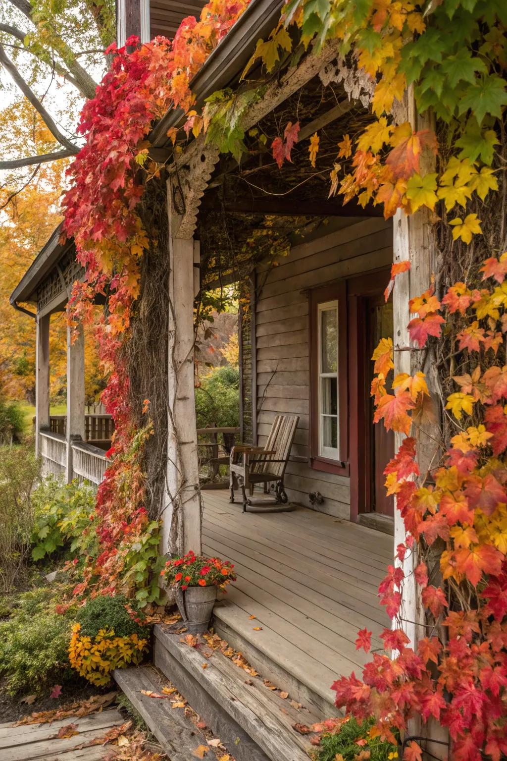 Vibrant fall foliage adds a touch of natural beauty to the porch decor.