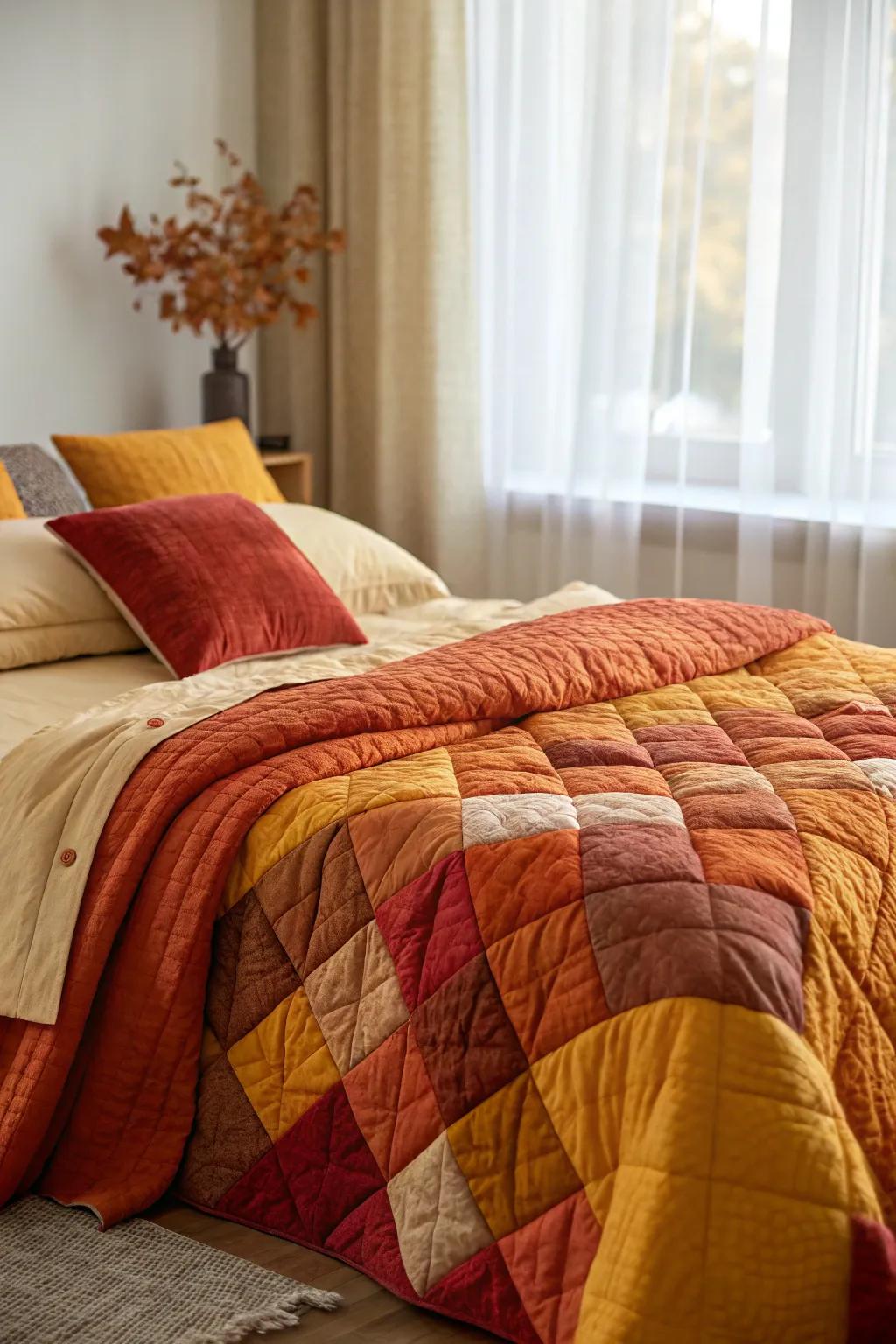 Layered quilts create a snug and inviting atmosphere.