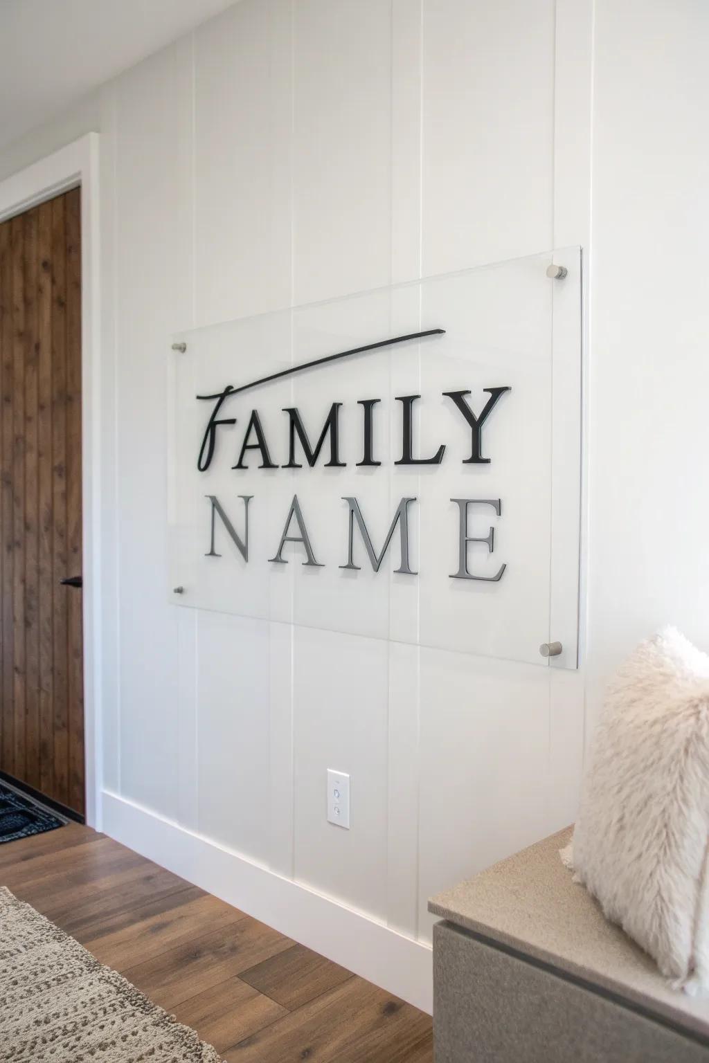 A modern acrylic lineage name marker complementing a minimalist ornamentation.