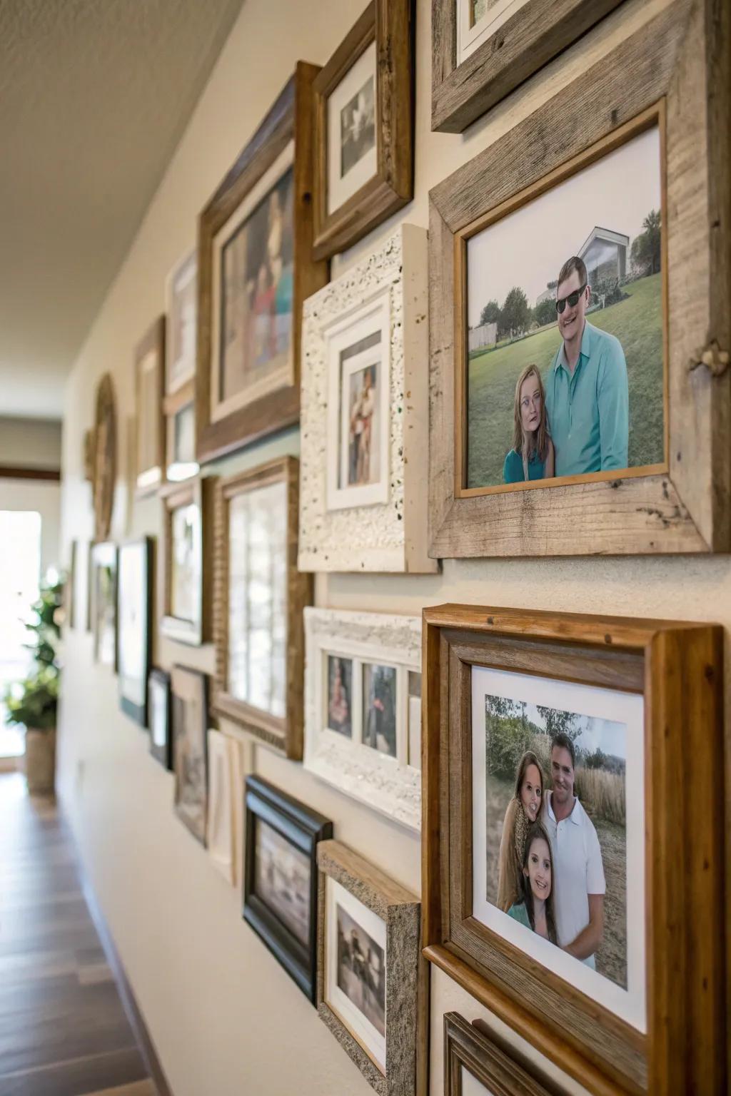 Eclectic mix of frame styles on a photo wall.