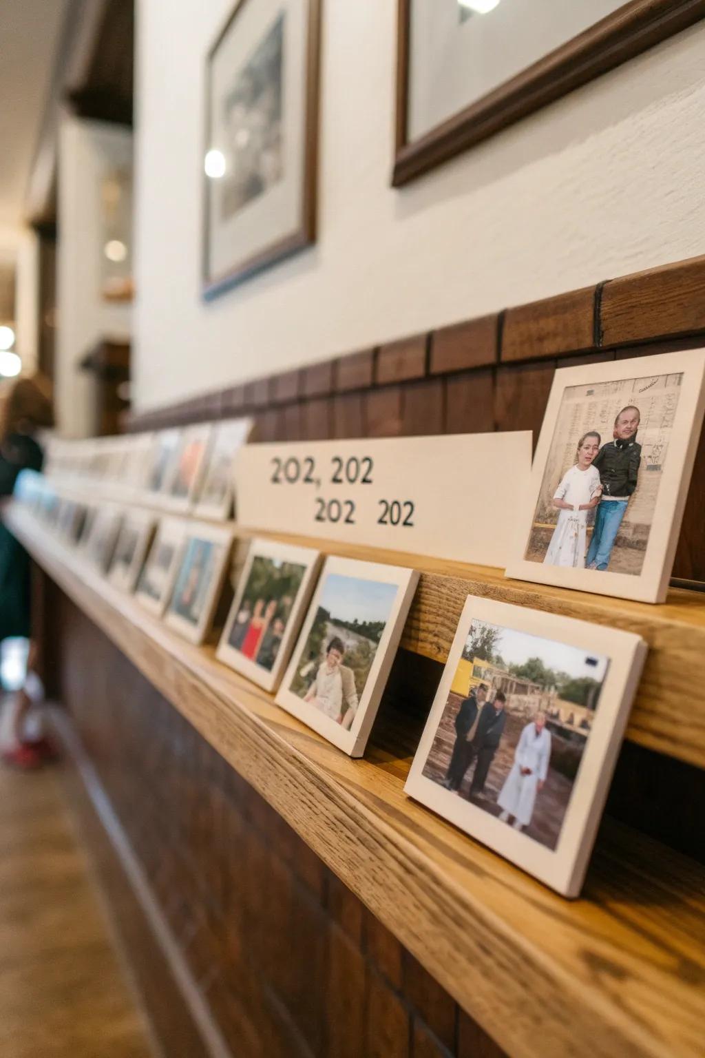 A familial chronicle wall exhibiting images cataloged by the year